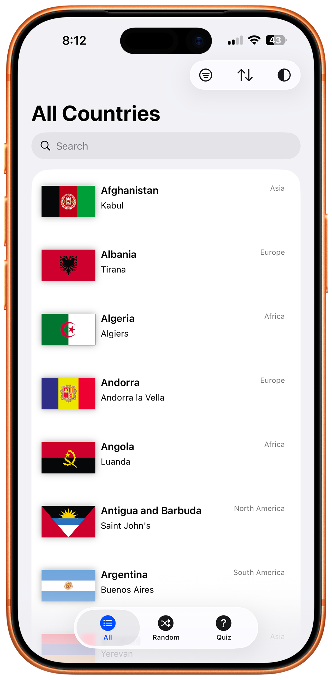 GlobeTrotter showing an alphabetical list of countries with their flags and capitals.