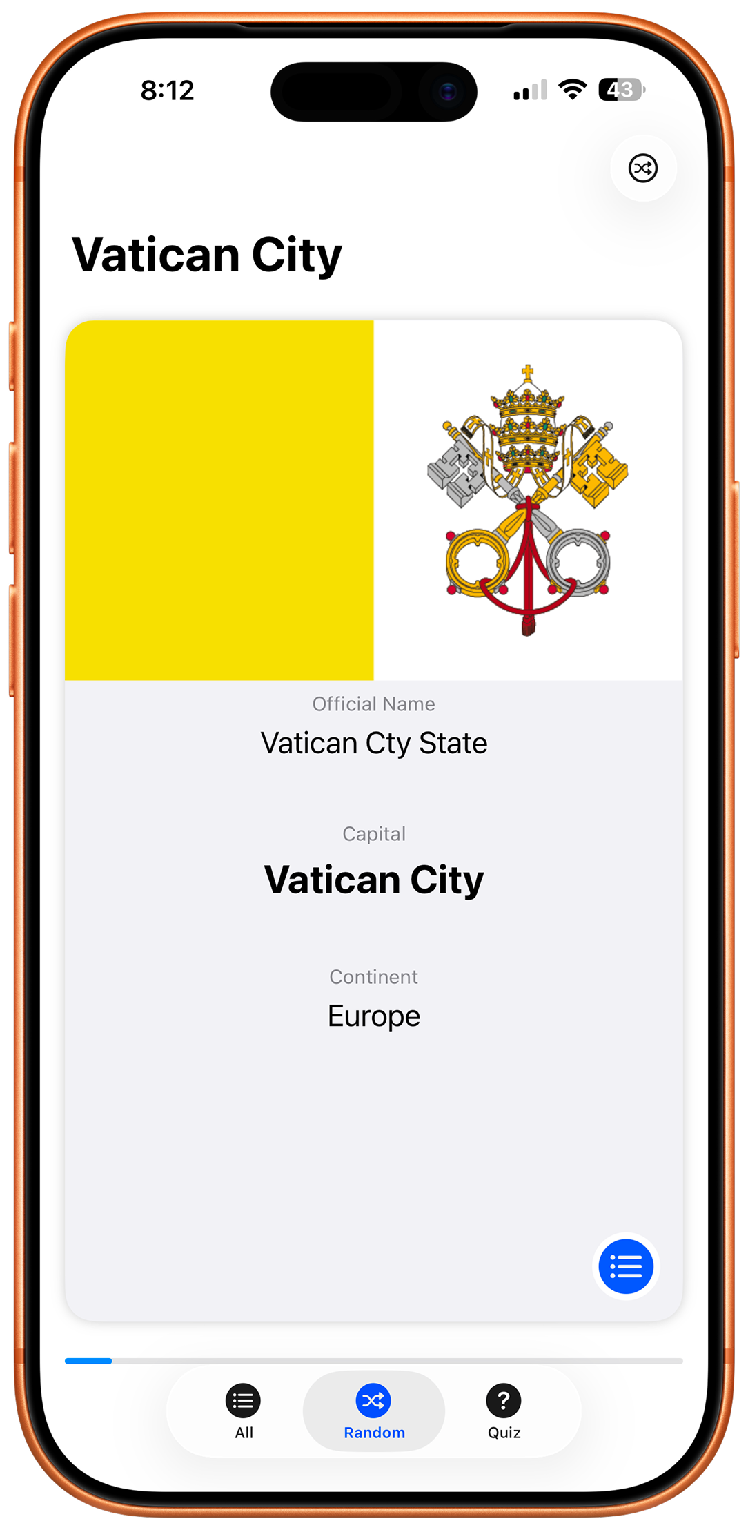 A card for Vatican City showing its flag, official name, capital and continent.