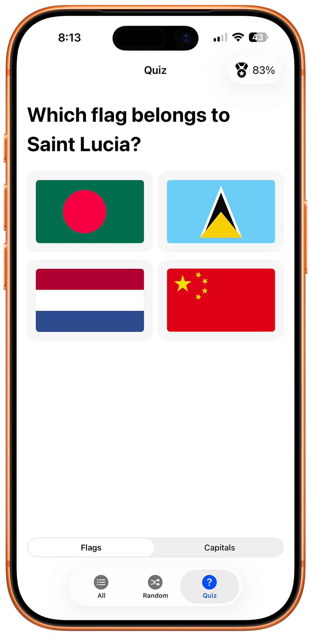 A quiz question asking which flag belongs to Saint Lucia, with four flags to choose from.
